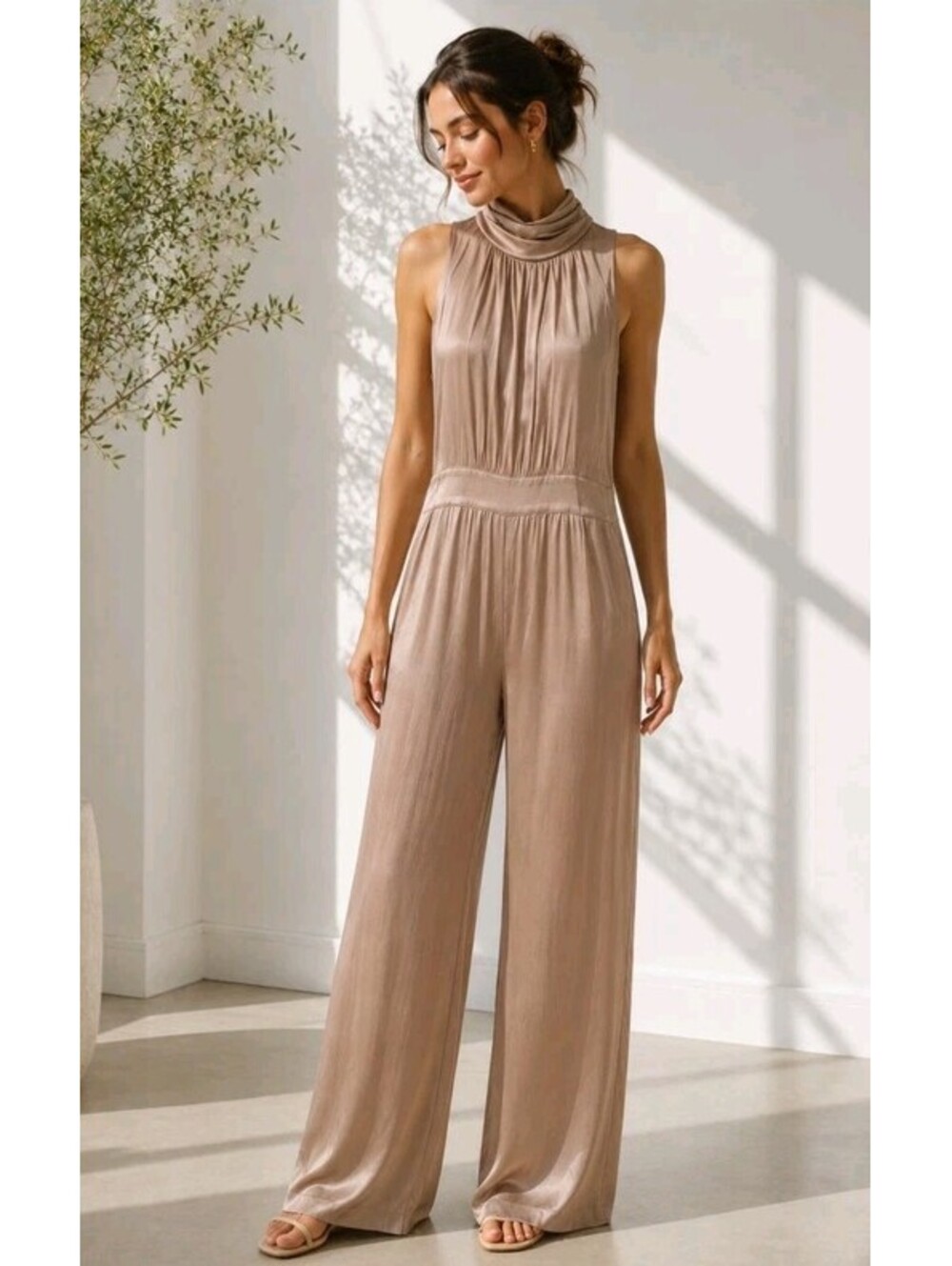 L'Academie The Lucida Jumpsuit Women's XS Champagne Sleeveless Wide Leg NEW #3